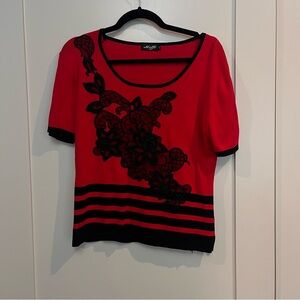 Moffi Red & Black Appliqué Top – Size Large